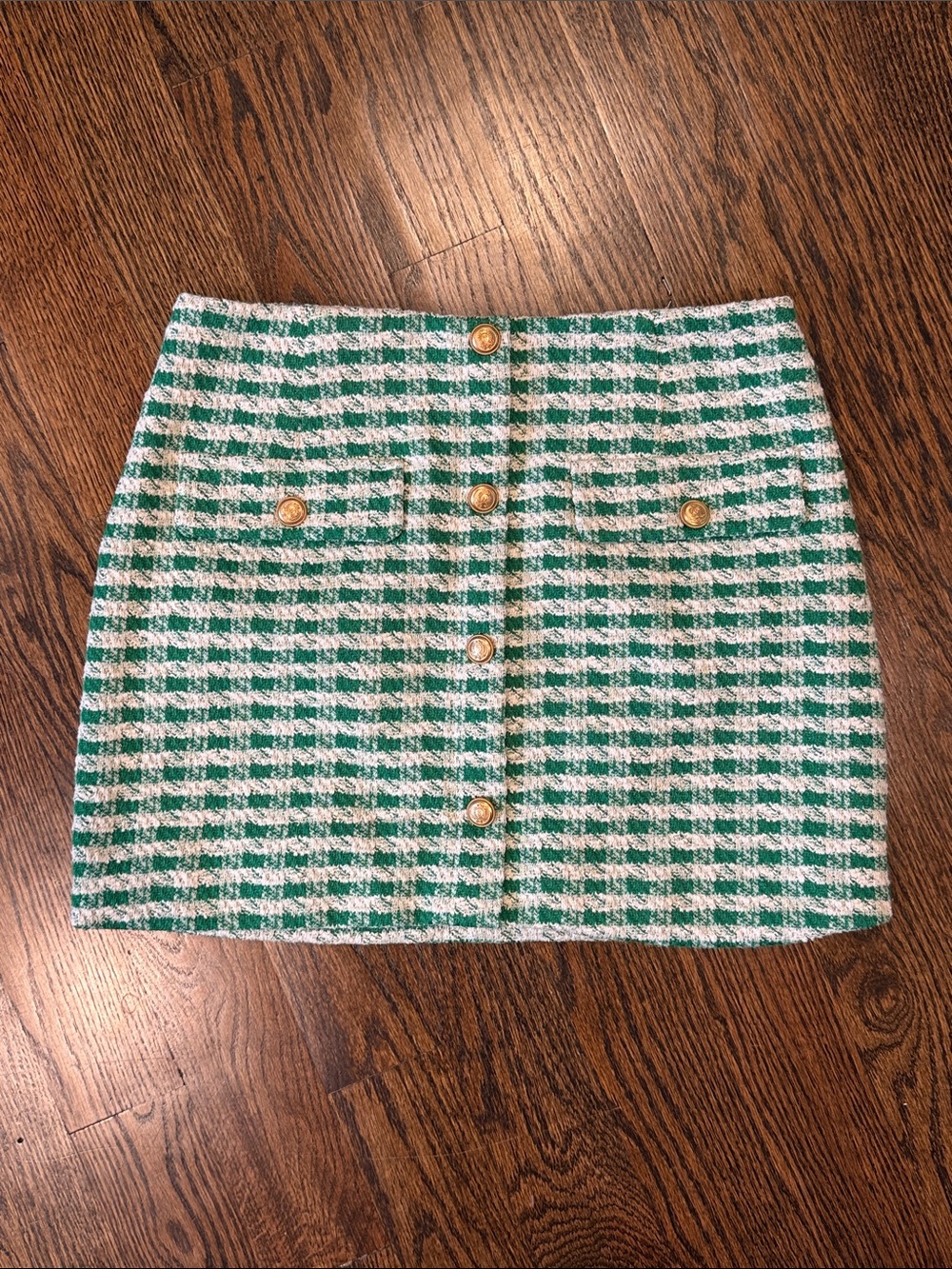 Aqua Preppy Green and White Tweed Button-Front Mini Skirt L